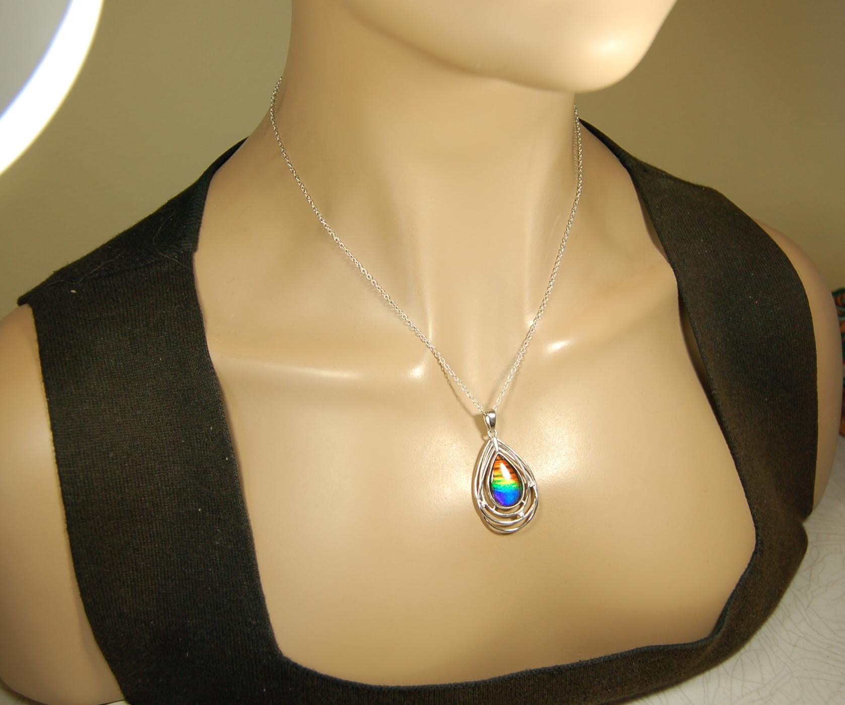 Ammolite Jewelry Pendant.RARE Tiger stripe gem.Unique gemstone.Non Allergenic Rhodium plated Sterling Silver setting.Gift for wife? 032916