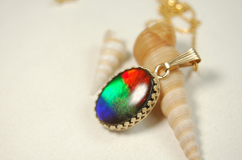 Ammolite Pendant in solid 14k Gold..High quality rainbow tricolor gem.Birthday or anniversary gift?.102513