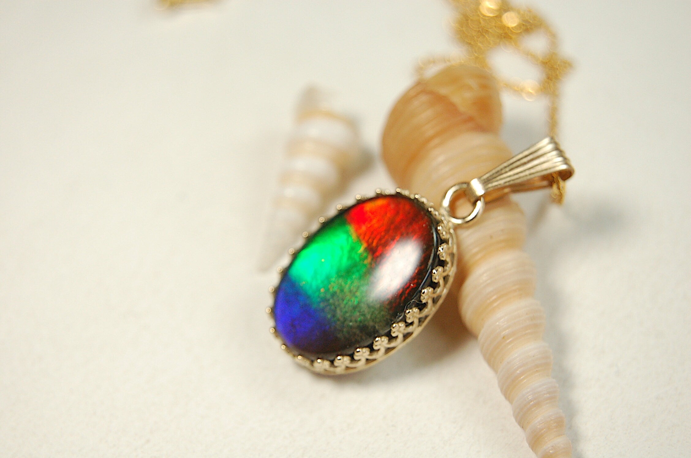 Ammolite Pendant in solid 14k Gold..High quality rainbow tricolor gem.Birthday or anniversary gift?.102513