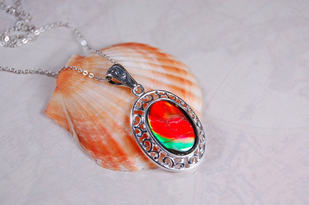 Rainbow Ammolite Necklace – Rare Fossil Gemstone from Alberta – Boho Gemstone Jewelry for Her-perfect gift for wife 010218