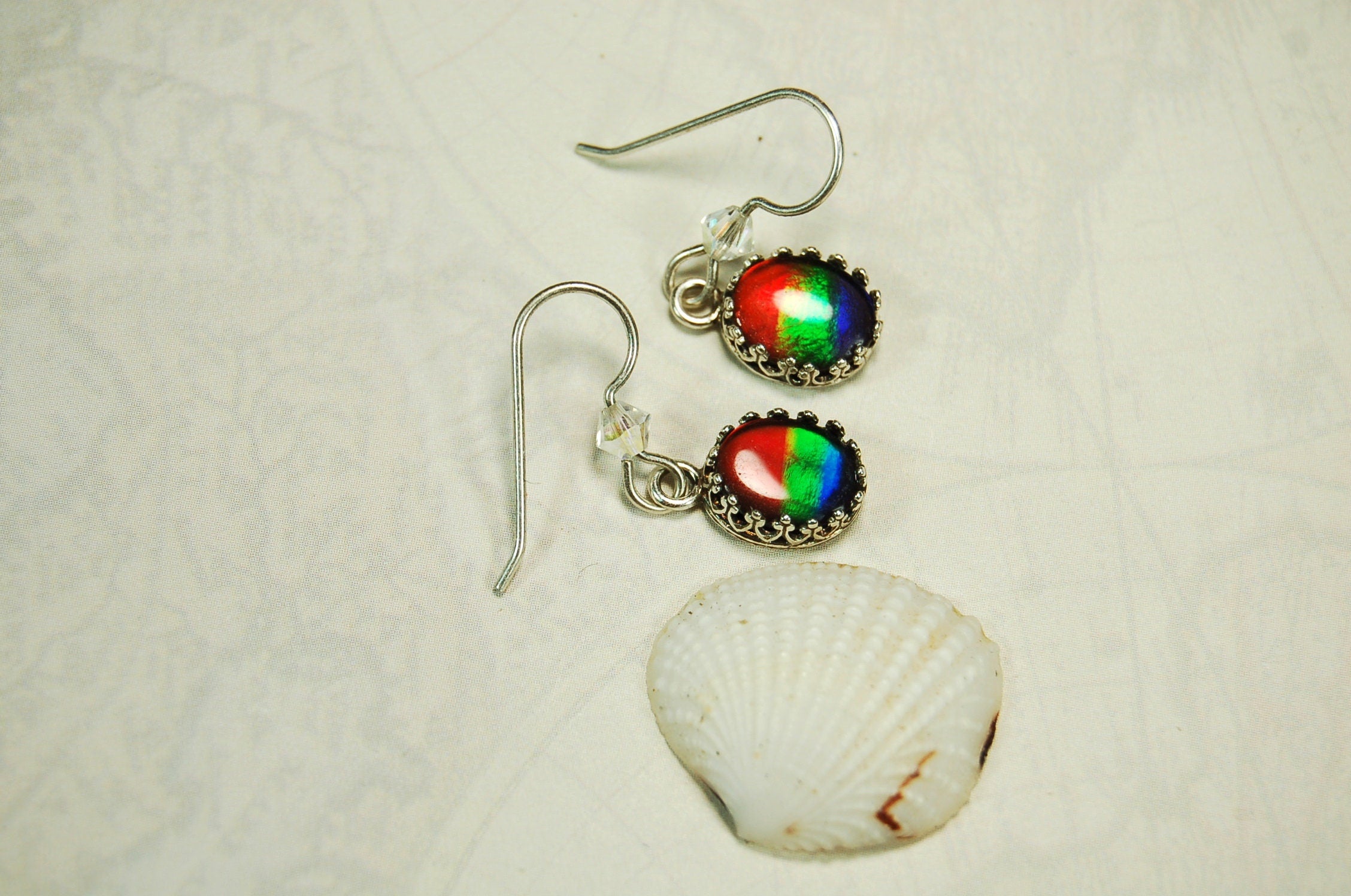 Ammolite Ear Rings.Perfect Mothers Day gift of RARE genuine ammolite she is sure to treasure.Lovely matched tricolor rainbow gems.#102410
