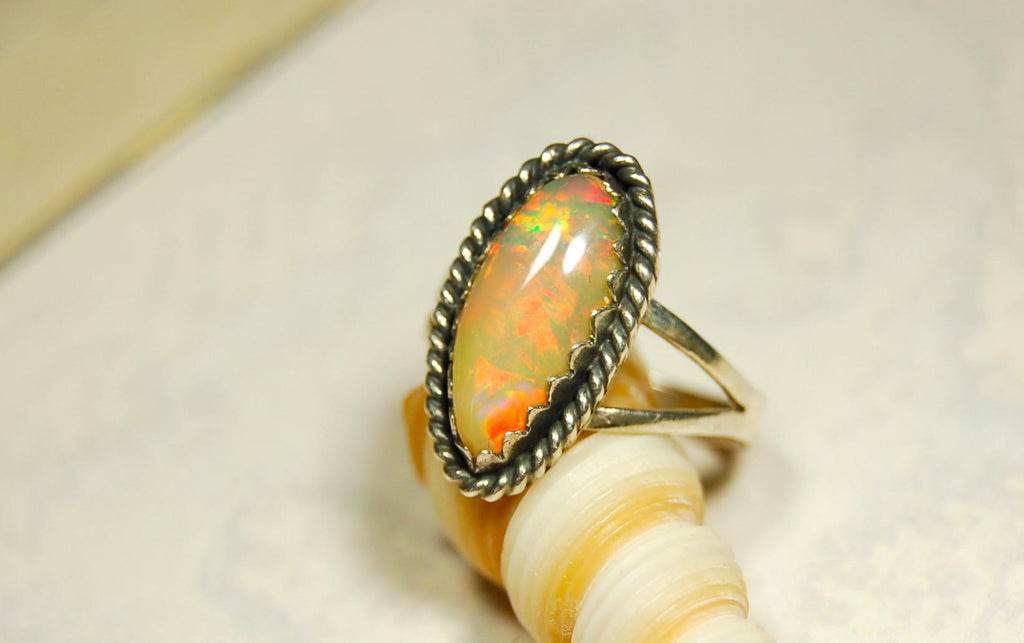 Genuine untreated natural opal ring handmade.Fiery colors.One of a kind.Size 7.Gift for wife? 040316