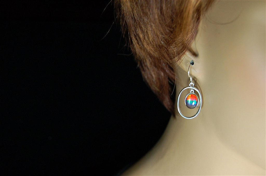 Ammolite Hoop Earrings - Bright Dangles for Birthday or Anniversary - High quality genuine Canadian Gemstones.