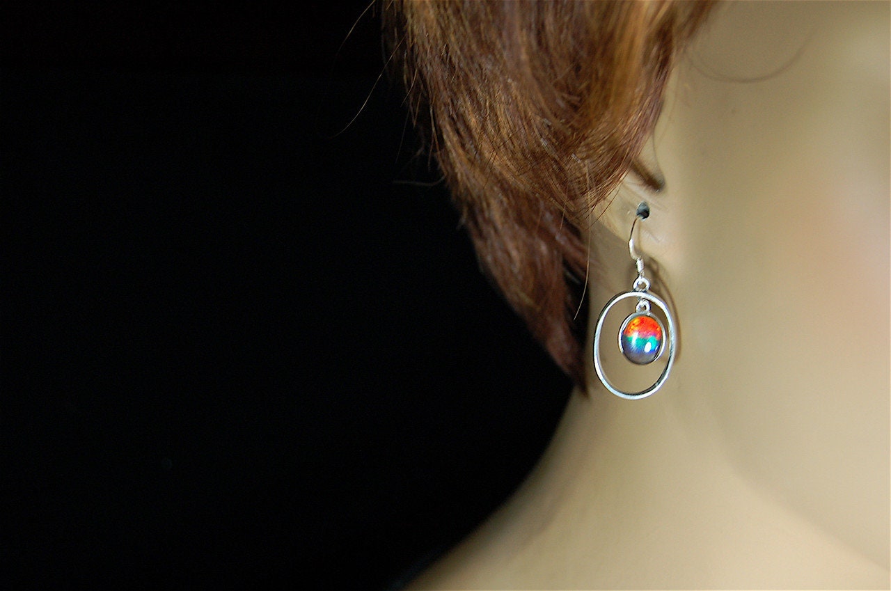 Ammolite Hoop Earrings - Bright Dangles for Birthday or Anniversary - High quality genuine Canadian Gemstones.