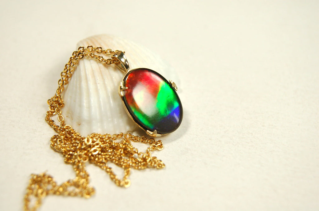 Ammolite Jewelry Pendant in solid 14k Gold.Top quality rainbow gem.Perfect RARE Mothers day gift she is sure to treasure.