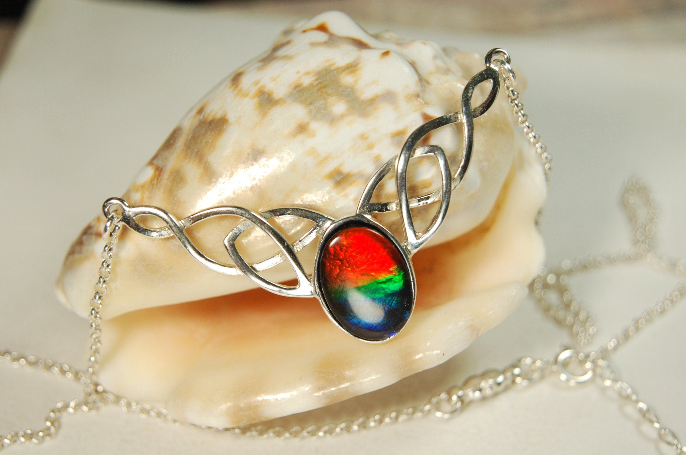 Ammolite Celtic Necklace.RARE four color rainbow gem.The Perfect Birthday Gift for Wife.Canadian ammolite.#112413