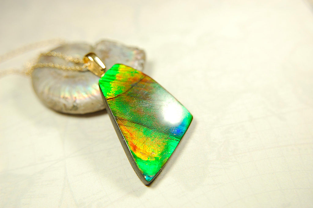 Ammolite Pendant.Natural Cabochon with strong color changing abilities.14kGF Gold bail.Elevate your style.030716