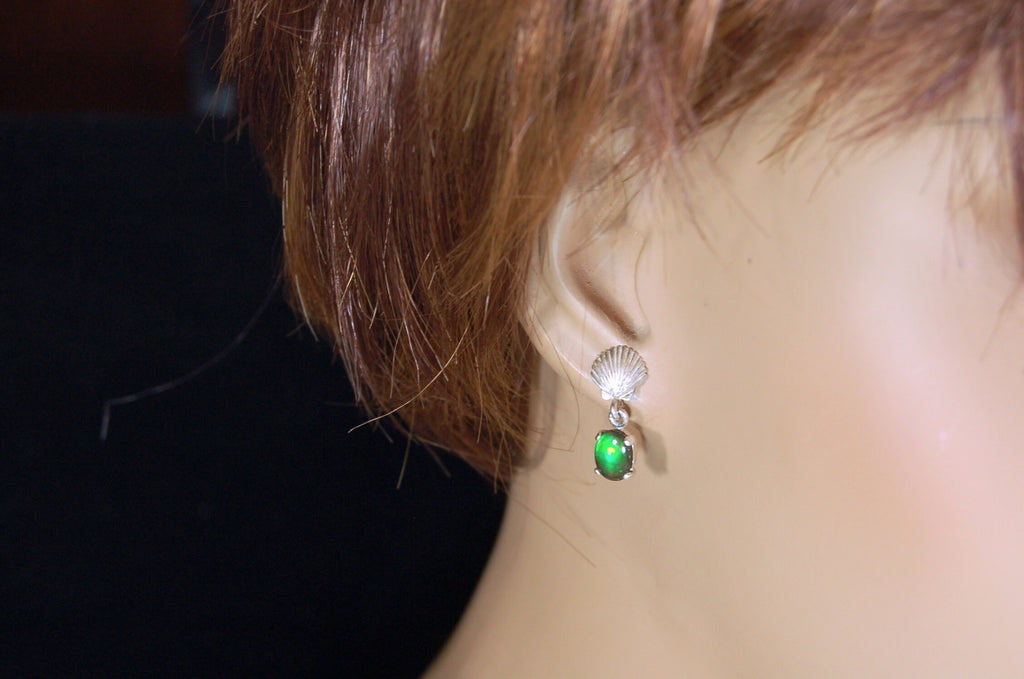 Ammolite Earrings.Brilliant green gems Ammolite jewelry.Details below.