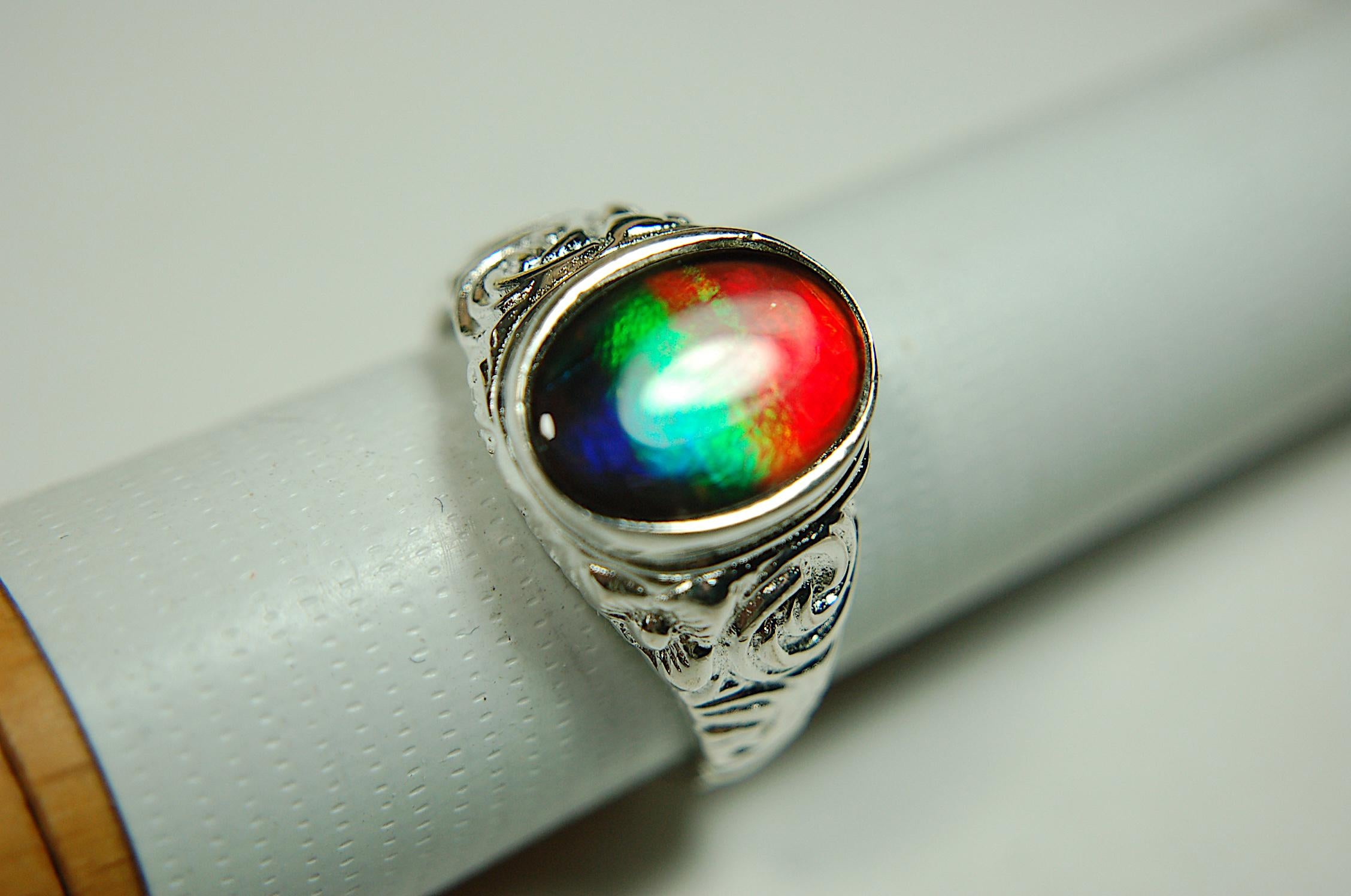 Ammolite Mens Ring.Size 12.Brilliant tricolor gem with rich deep changing colors.Solid sterling setting.011115