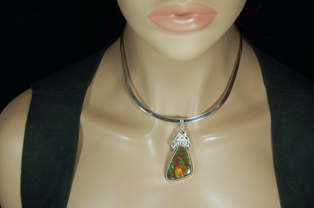 Ammolite Pendant Necklace.Natural very colorful cabochon magnificently set #030411