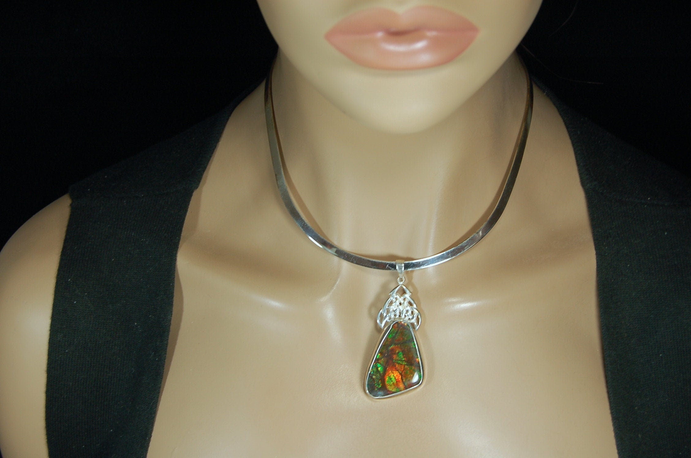 Ammolite Pendant Necklace.Natural very colorful cabochon magnificently set #030411