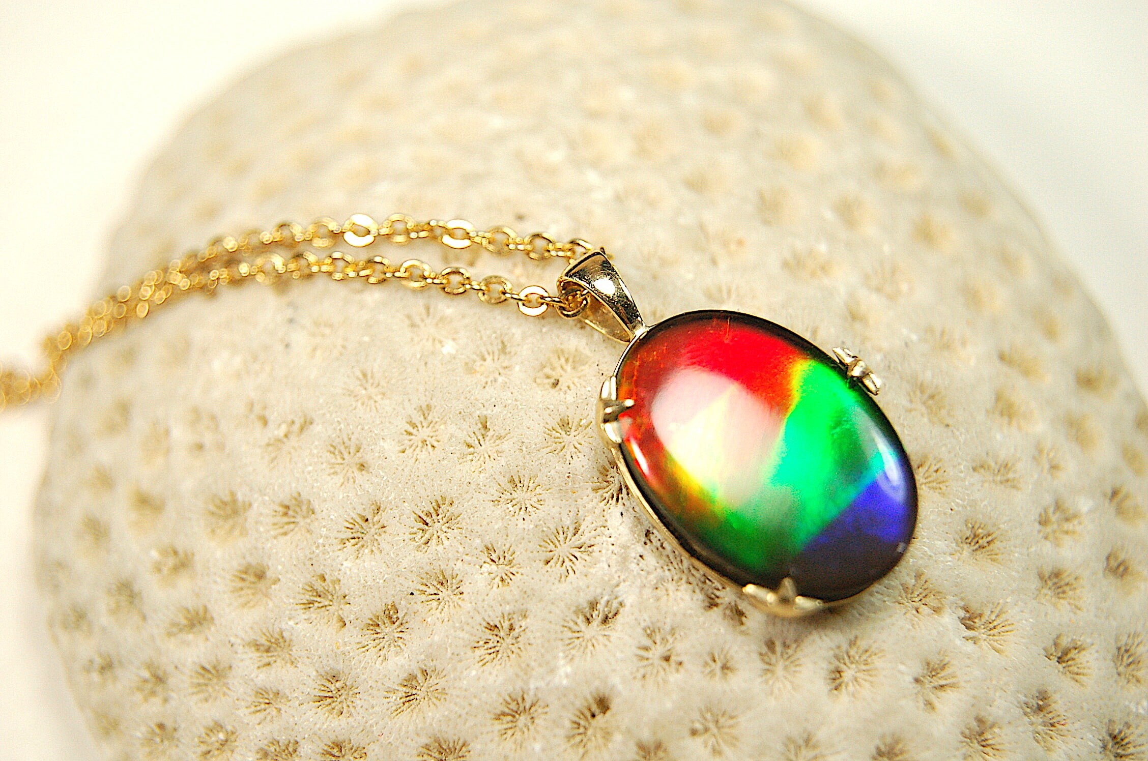 Ammolite Jewelry Pendant in solid 14k Gold.Top quality rainbow gem.Perfect RARE Mothers day gift she is sure to treasure.