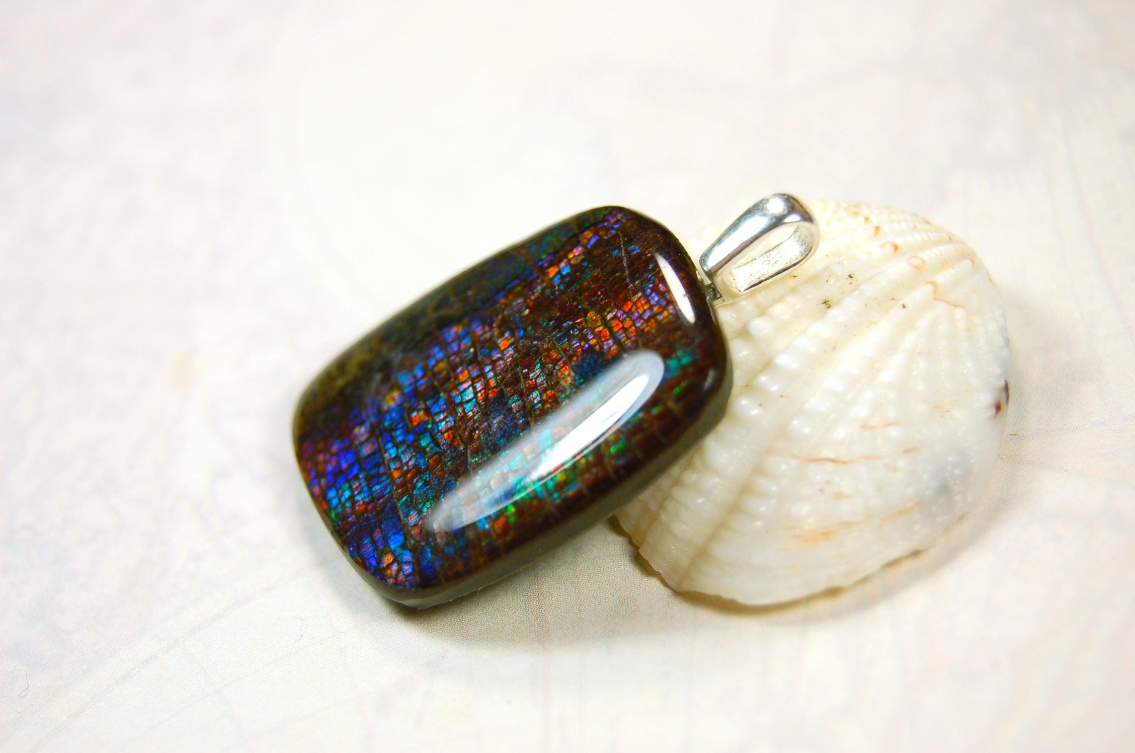 Ammolite Pendant Necklace.RARE Natural gem with brilliant sparks of color on black background.--071815