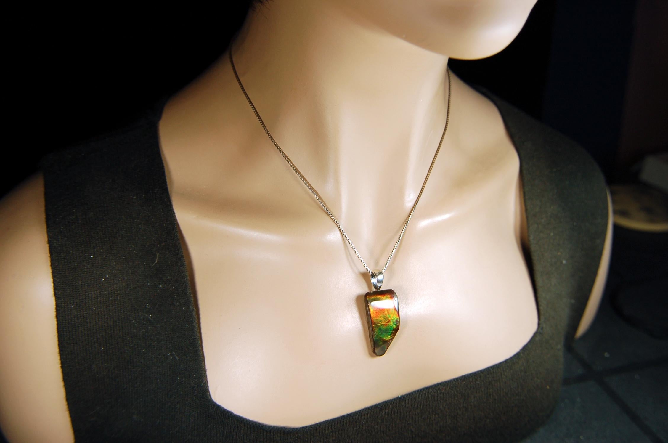 Ammolite Jewelry Pendant Necklace Freeform Style in Gorgeous Autumn Colors.Gift for wife?Unisex and Minimalist Design.Must see video.082014