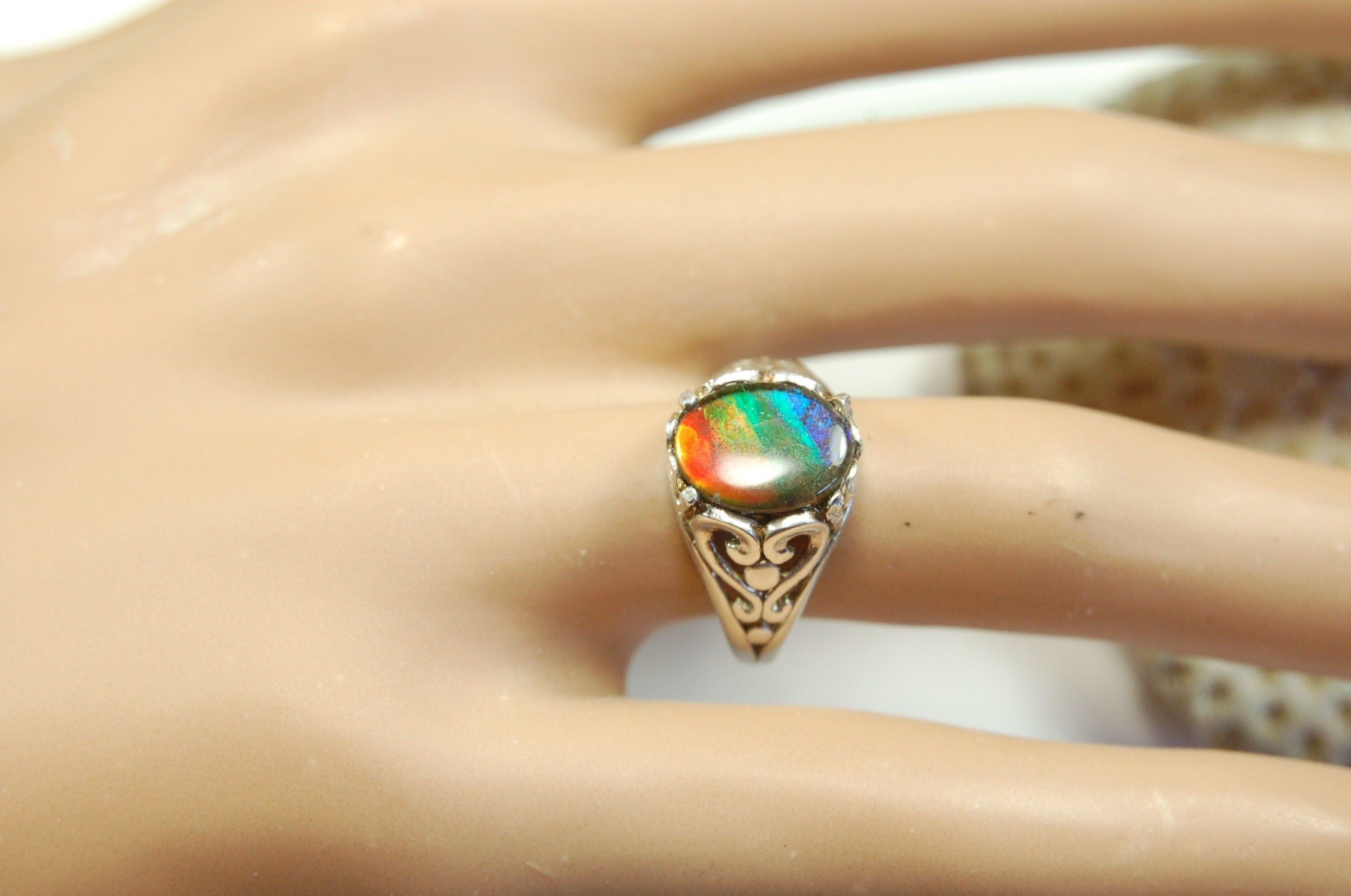 Ammolite Ladies Ring size 6.High quality tricolor gem.Very colorful.Birthday Anniversary gift?022312
