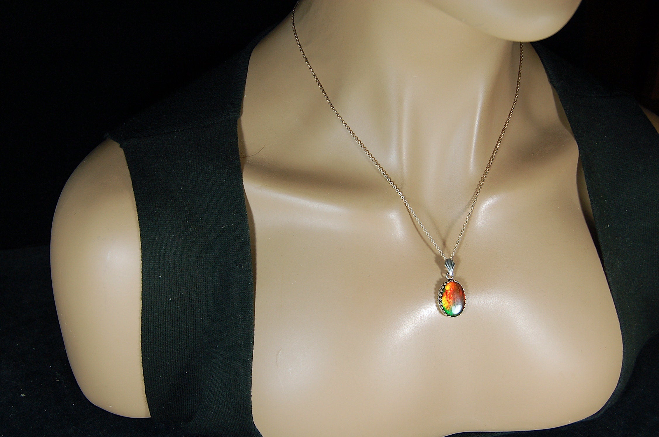 Fiery Ammolite pendant in Argentium* non tarnish Sterling Silver.Perfect Gift for her.Ammolite jewelry.Ammolite Feng shui.#123110