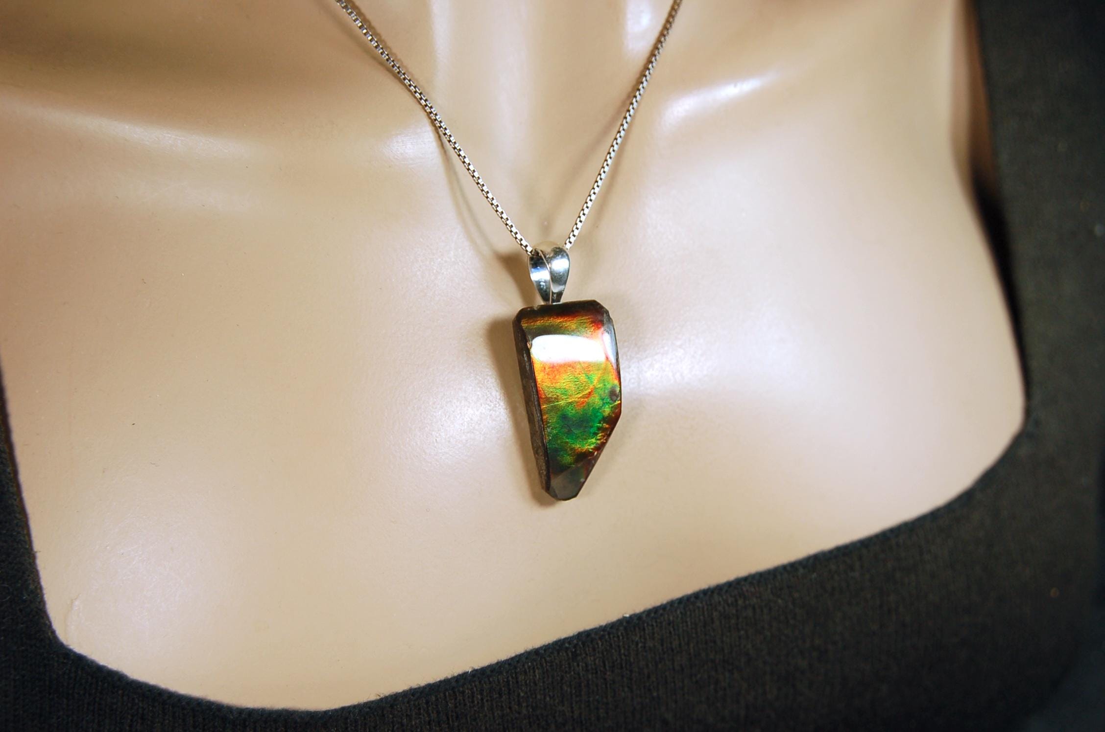 Ammolite Jewelry Pendant Necklace Freeform Style in Gorgeous Autumn Colors.Gift for wife?Unisex and Minimalist Design.Must see video.082014