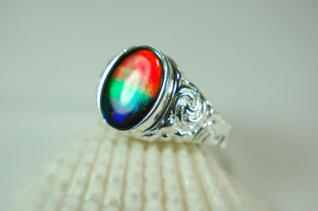 Ammolite Mens Ring.Size 12.Brilliant tricolor gem with rich deep changing colors.Solid sterling setting.011115