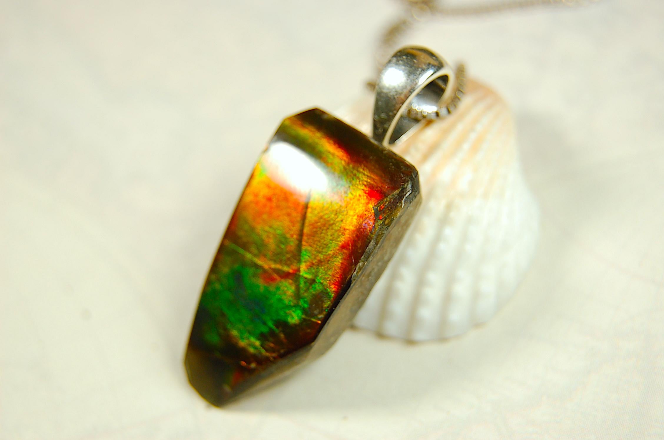Ammolite Jewelry Pendant Necklace Freeform Style in Gorgeous Autumn Colors.Gift for wife?Unisex and Minimalist Design.Must see video.082014