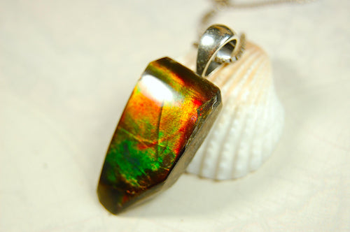 Ammolite Jewelry Pendant Necklace Freeform Style in Gorgeous Autumn Colors.Gift for wife?Unisex and Minimalist Design.Must see video.082014