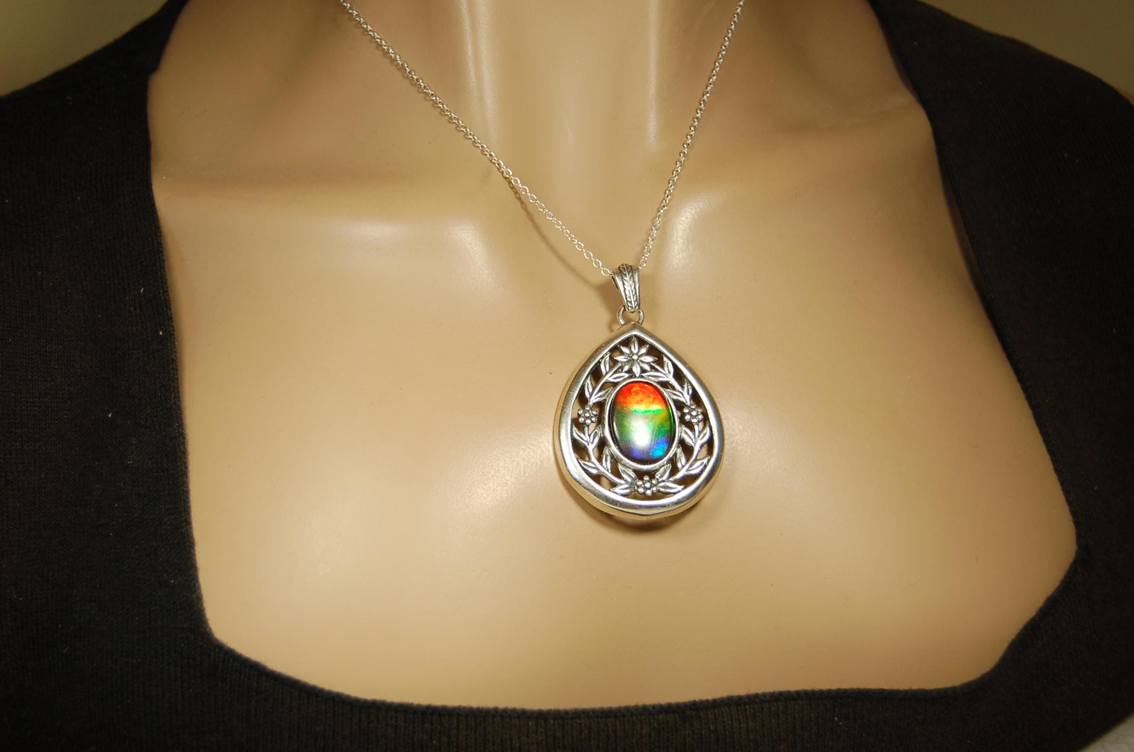 Anniversary gift idea for wife.Ammolite Jewelry Pendant with Rainbow pattern set in solid sterling silver.040416