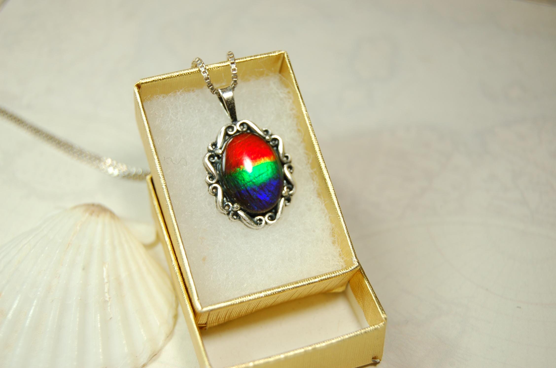 Genuine Ammolite Pendant Necklace – Canadian Fossil Gemstone – Iridescent Jewelry Gift for Her.060415