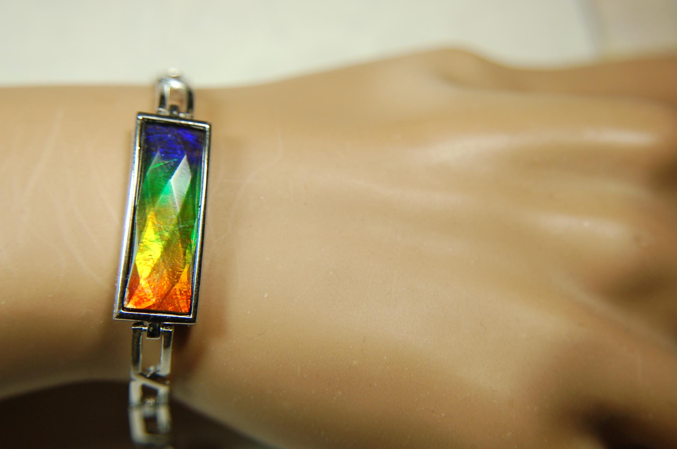 Ammolite Cuff Bracelet.Brilliant Colors.Canadian Jewelry.Gift for her.Rainbow gemstone.Grad gift.Silver treasure.052315