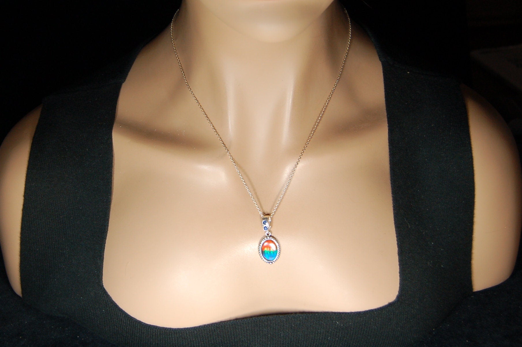 Ammolite Pendant Necklace.Solid sterling silver setting.Bright Rainbow colors. Sapphire studded bail.Unique gift for wife.102429
