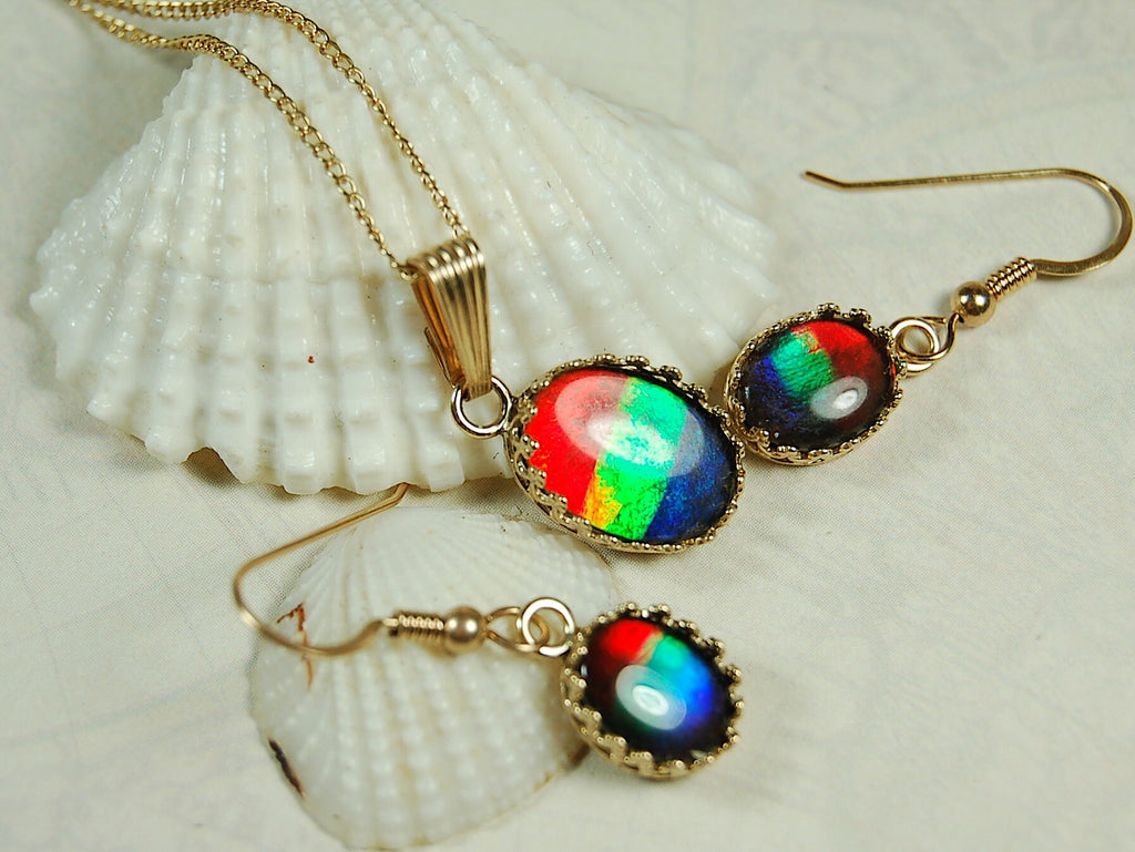 Ammolite Jewelry Set 14k Gold.Bright High Quality tricor gems.Memorable RARE gift for wife.Quality fashion accessory.112510