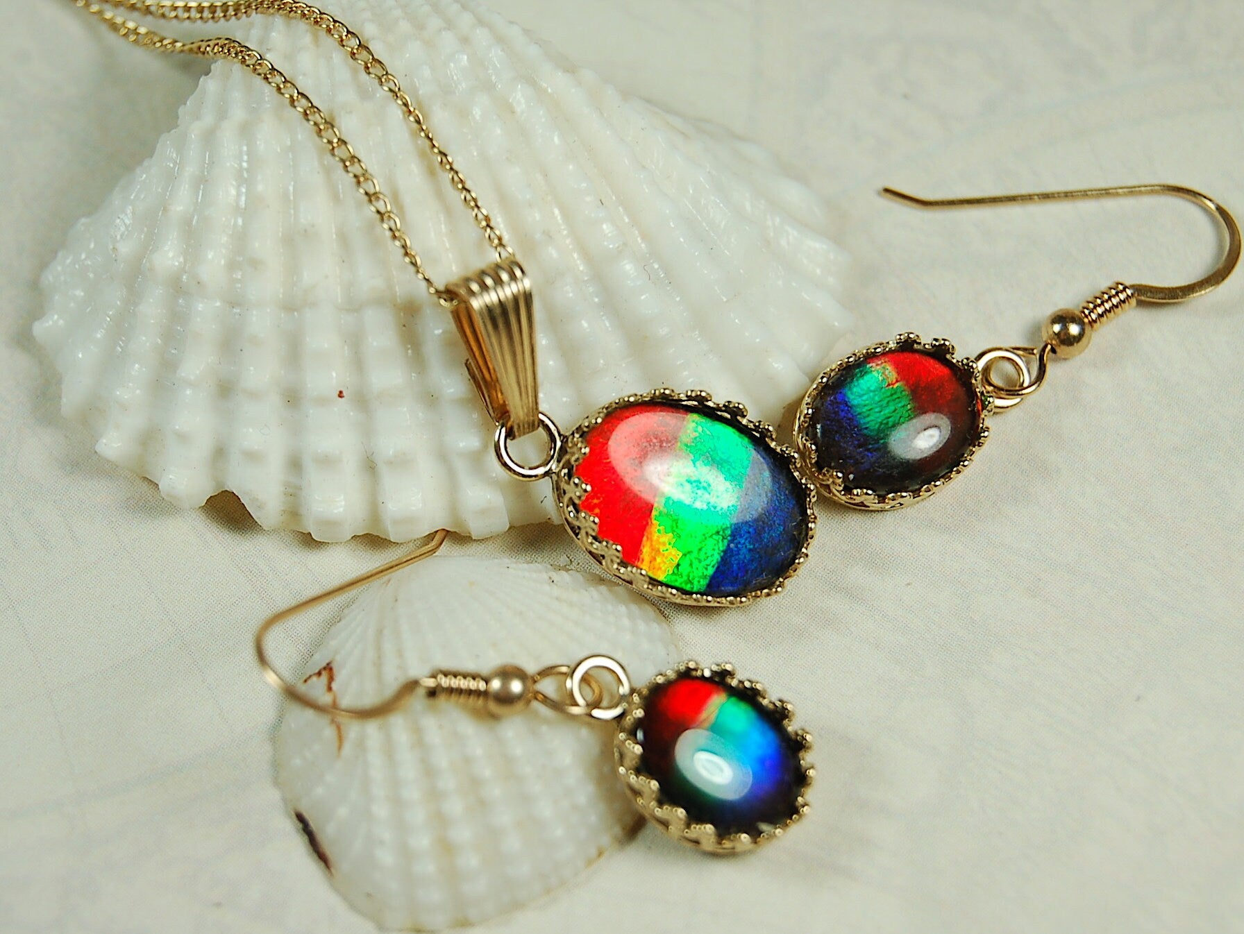 Ammolite Jewelry Set 14k Gold.Bright High Quality tricor gems.Memorable RARE gift for wife.Quality fashion accessory.112510