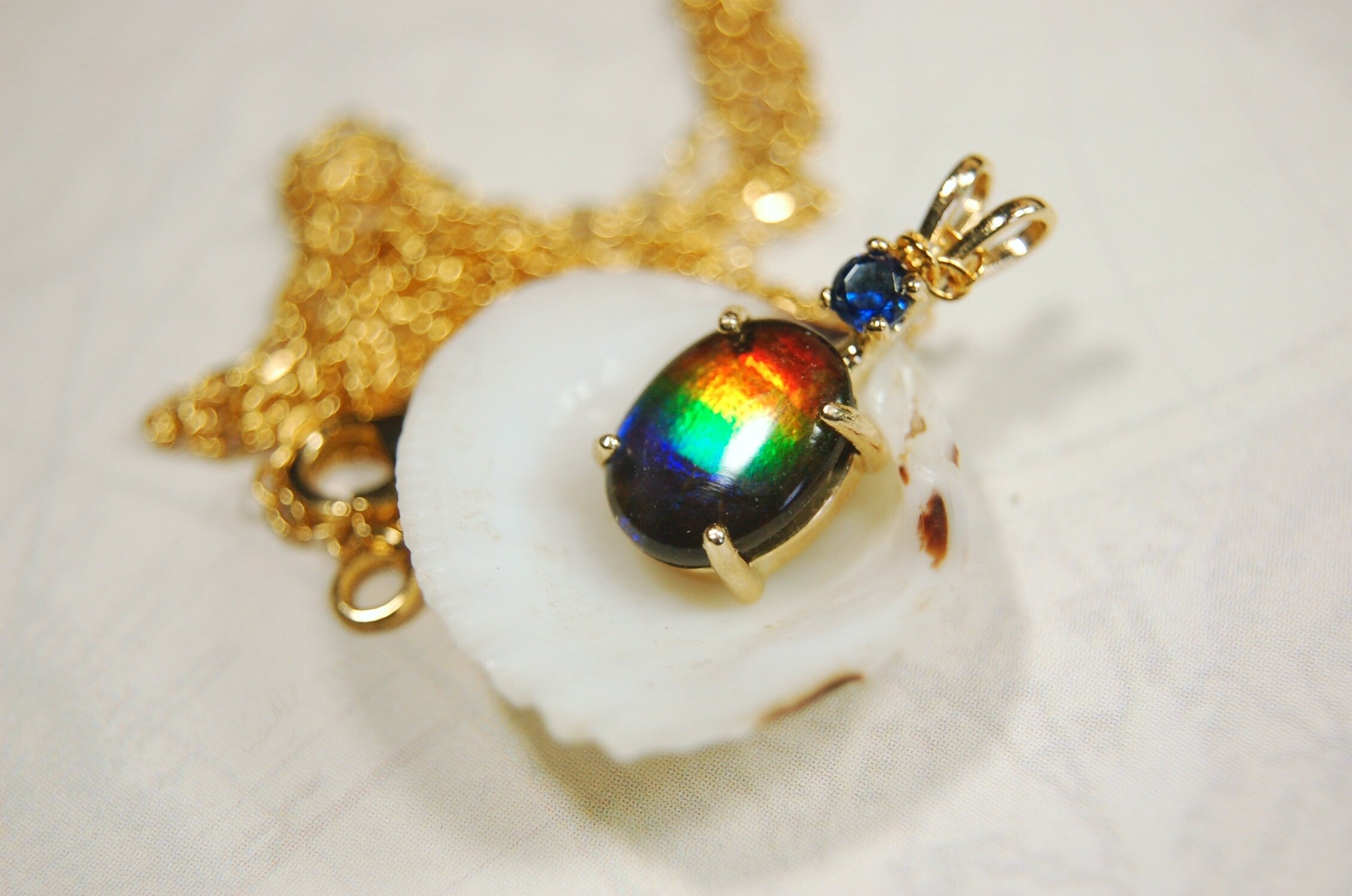 Petite Ammolite Jewelry Pendant in solid 10k Gold with Sapphire.Canadian Ammolite The Perfect Birthday Gift for Wife.032614