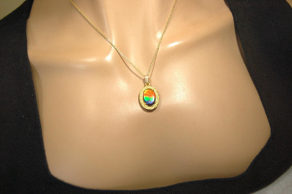 Ammolite pendant Anniversary gift idea for wife.Necklace set in 14kGF gold.Brilliant rainbow gem.Best seen in Video.033016