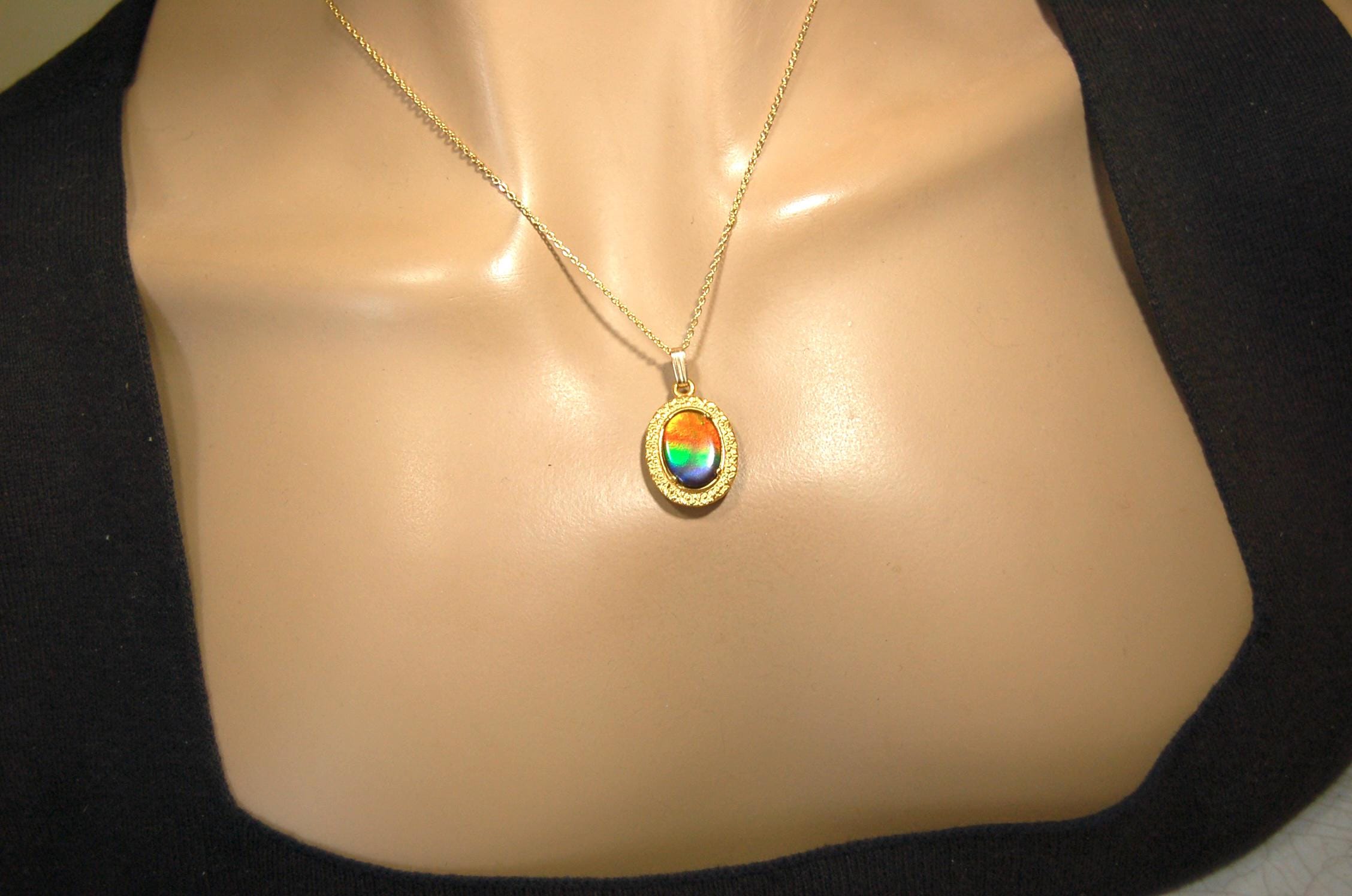 Ammolite pendant Anniversary gift idea for wife.Necklace set in 14kGF gold.Brilliant rainbow gem.Best seen in Video.033016
