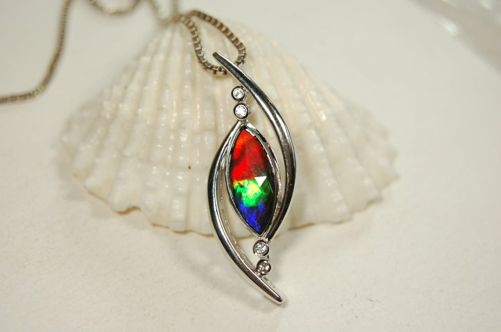 Ammolite jewelry Pendant from Canada.Colorful necklace.Rainbow three color gemstone.Perfect gift for wife.Beautiful setting.#042413