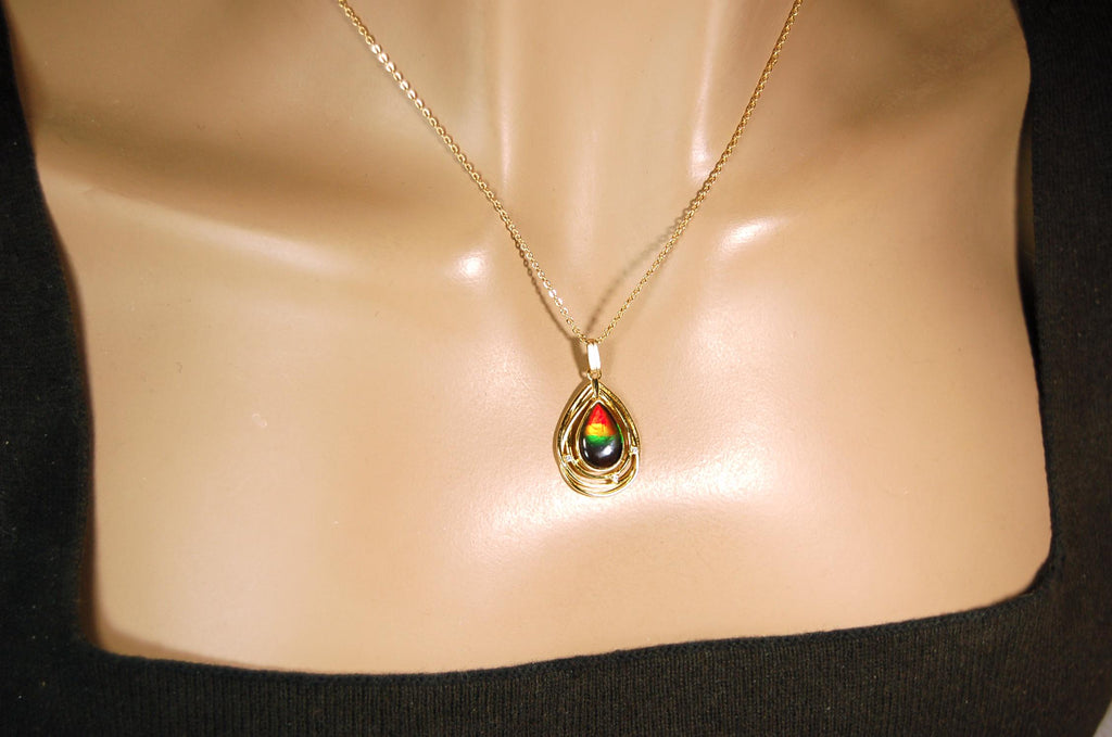 Birthday gift idea for wife.Ammolite Pendant Necklace in Gold Vermeil.RARE four colors. Ammolite jewelry for sale.Boho Jewelry.012915