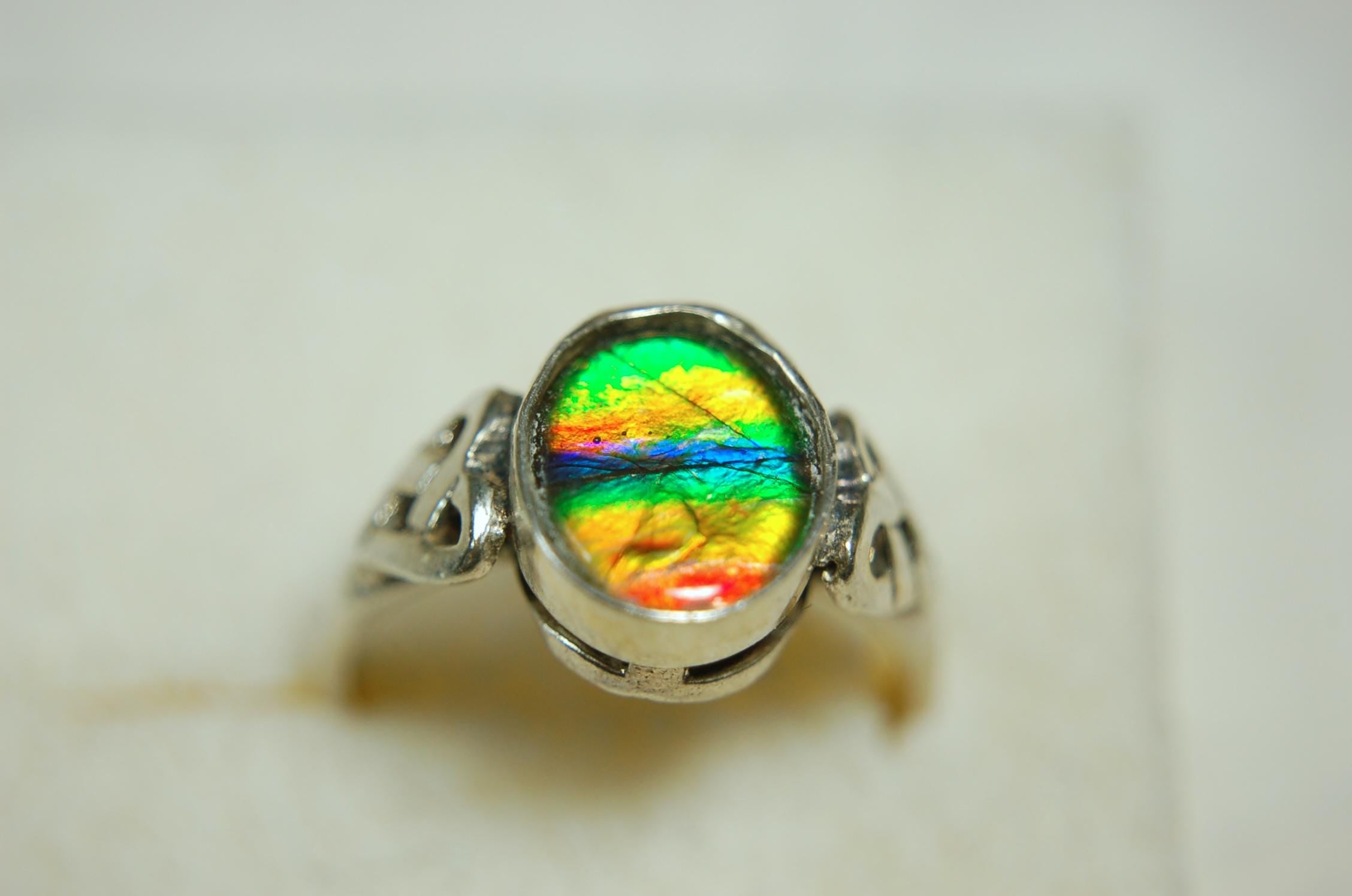 Ammolite ring with Celtic motif.Amazing RARE color scheme. One of a kind gift for wife.Sterling.Size7..031115