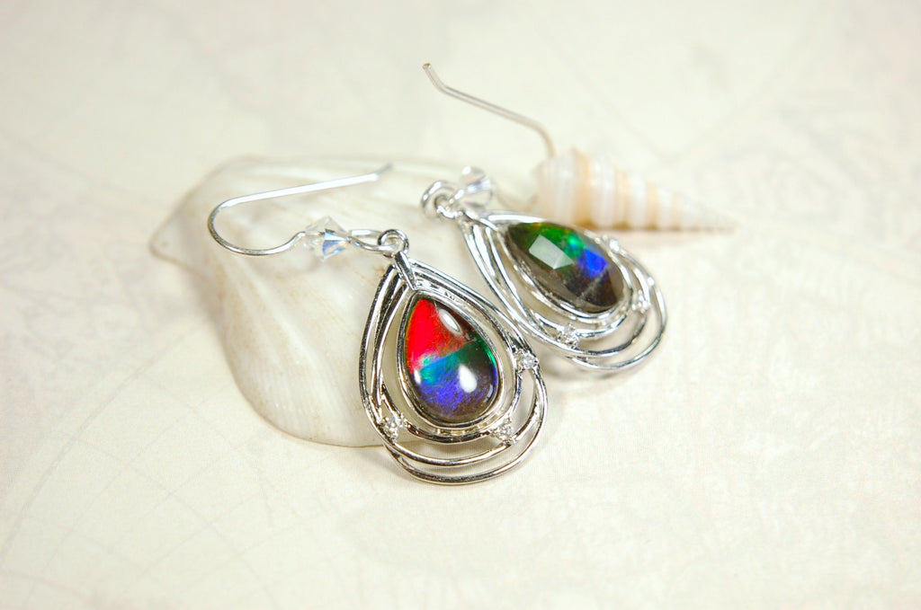 Birthday or anniversary gift idea for wife.Teardrop Ammolite Earrings – Sterling Silver, Swarovski Crystal Accents (12x8mm)