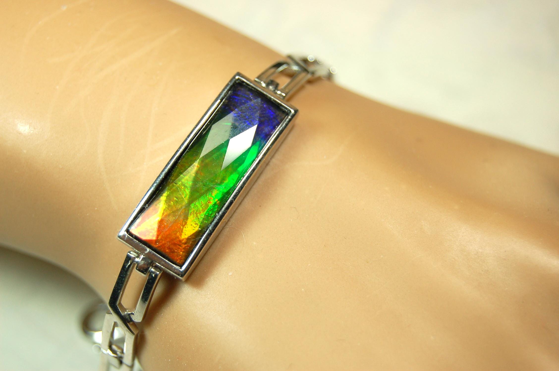 Ammolite Cuff Bracelet.Brilliant Colors.Canadian Jewelry.Gift for her.Rainbow gemstone.Grad gift.Silver treasure.052315