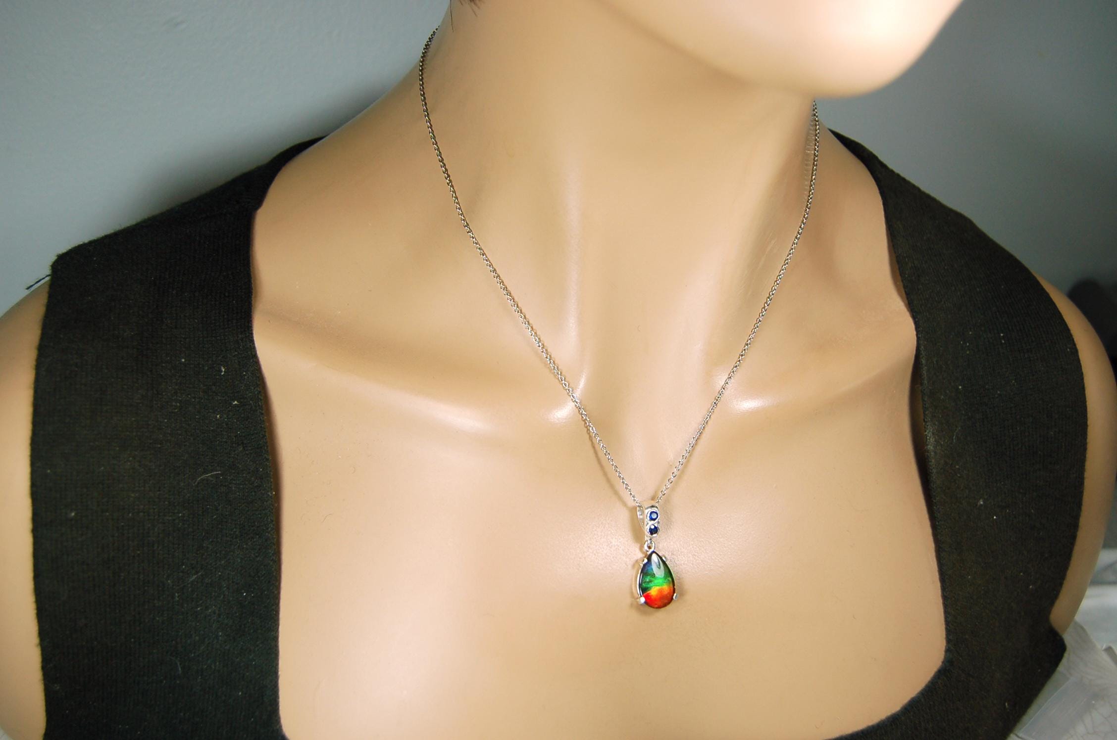 Ammolite Pendant Necklace.Sapphire studded bail.Brilliant rainbow colors.Sterling silver set.RARE gift for her.071115