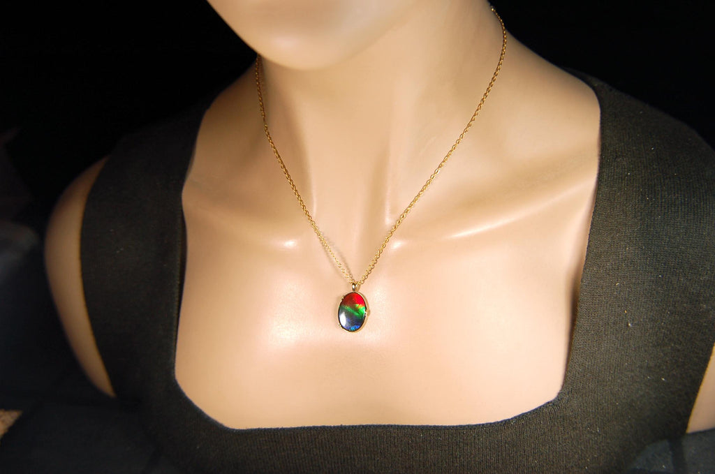 14k gold set ammolite pendant.Gift idea for wife?Rainbow colors.High quality Ammolite.090614