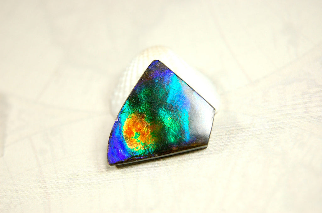 Natural Ammolite Cabochon.Certified Canadian Gem.Rare blues.Will make a valuable one of a kind pendant.A perfect gift.