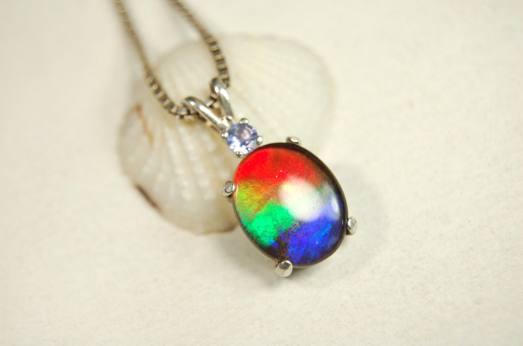 Ammolite Pendant Necklace.Perfect bright colorful tricolor gemstone-#111213