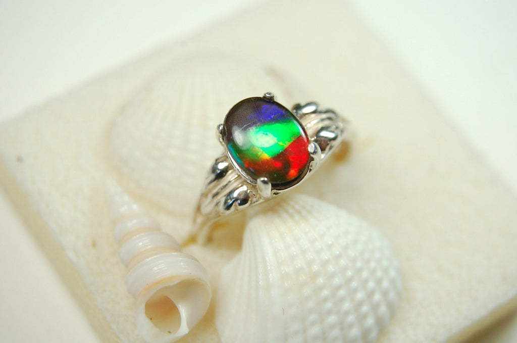 Canadian Rainbow Ammolite ring in Sterling Silver.A gift that will be treasured. #010212