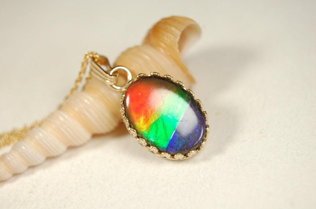 Ammolite Jewelry Pendant Necklace.Four Color Rainbow Ammolite set in solid 14k Gold.Perfect gift.GENUINE Canadian Alberta Ammolite.100213