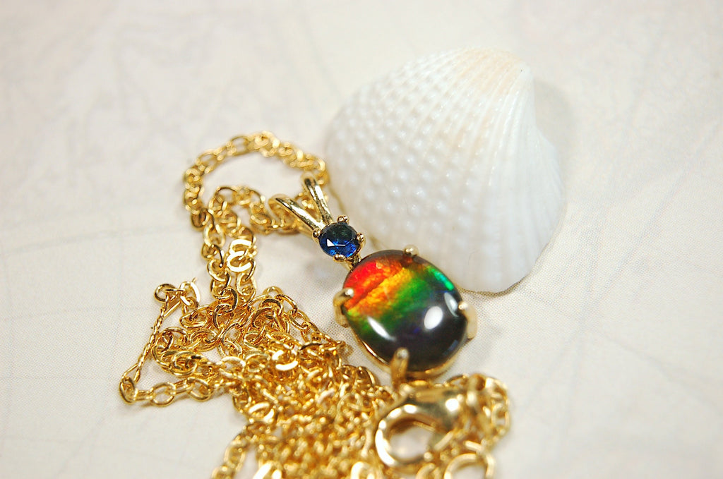 Petite Ammolite Jewelry Pendant in solid 10k Gold with Sapphire.Canadian Ammolite The Perfect Birthday Gift for Wife.032614