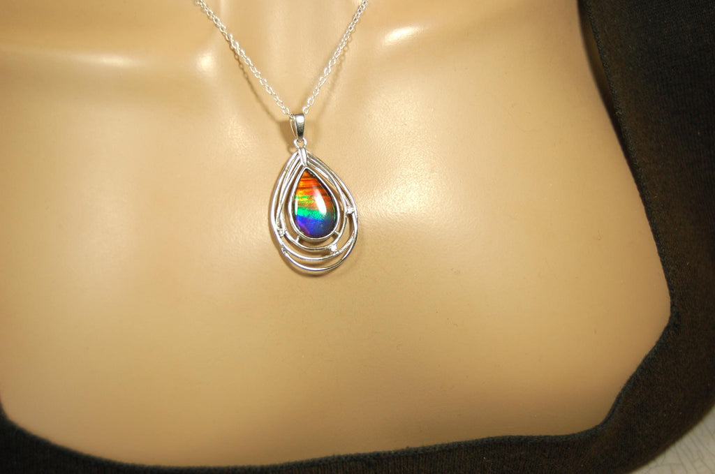 Ammolite Jewelry Pendant.RARE Tiger stripe gem.Unique gemstone.Non Allergenic Rhodium plated Sterling Silver setting.Gift for wife? 032916