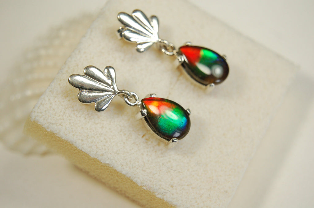 Ammolite Earrings.Bright tricolor gems from Alberta Canada with signed warranty.#031313.
