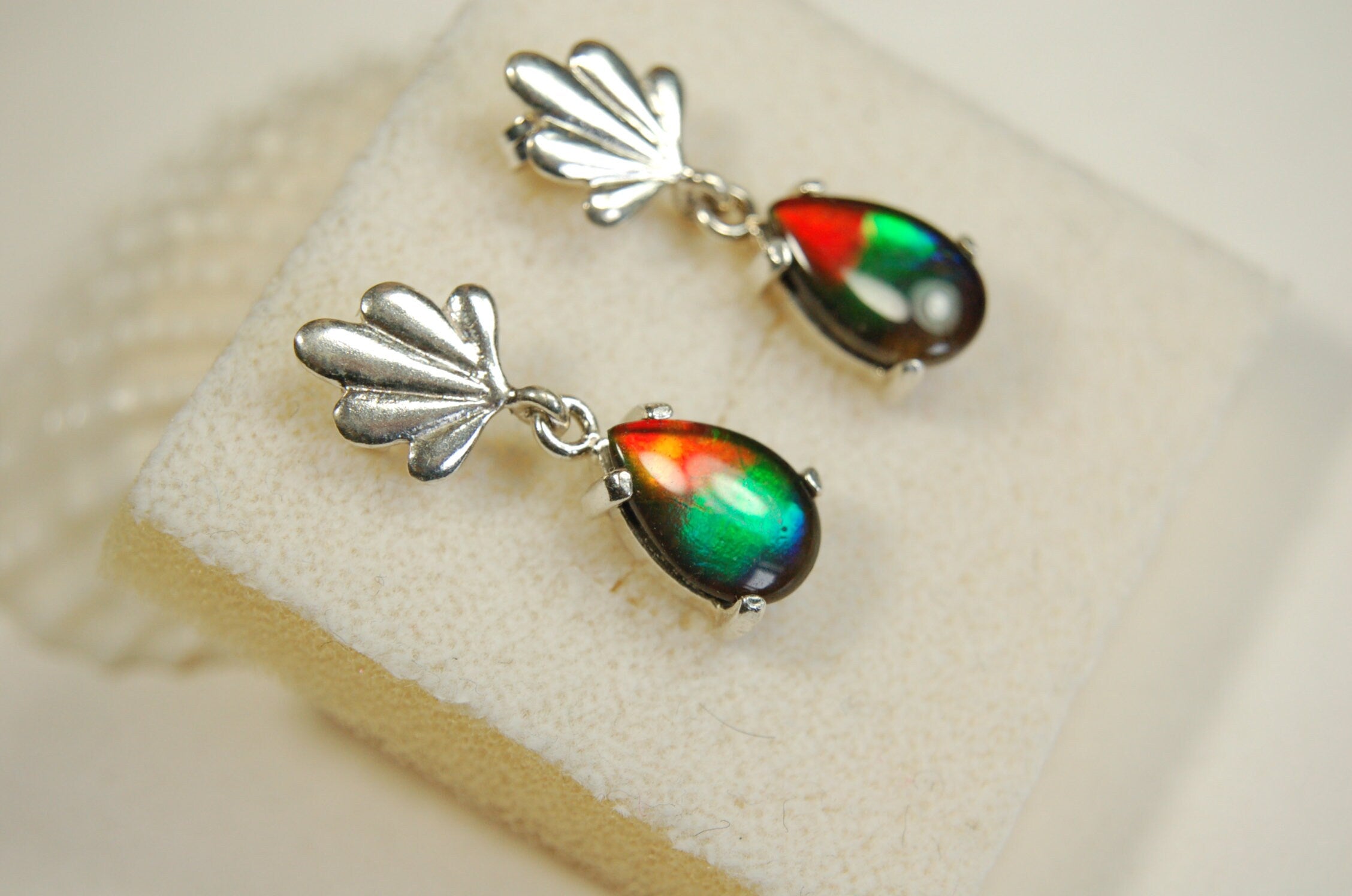 Ammolite Earrings.Bright tricolor gems from Alberta Canada with signed warranty.#031313.