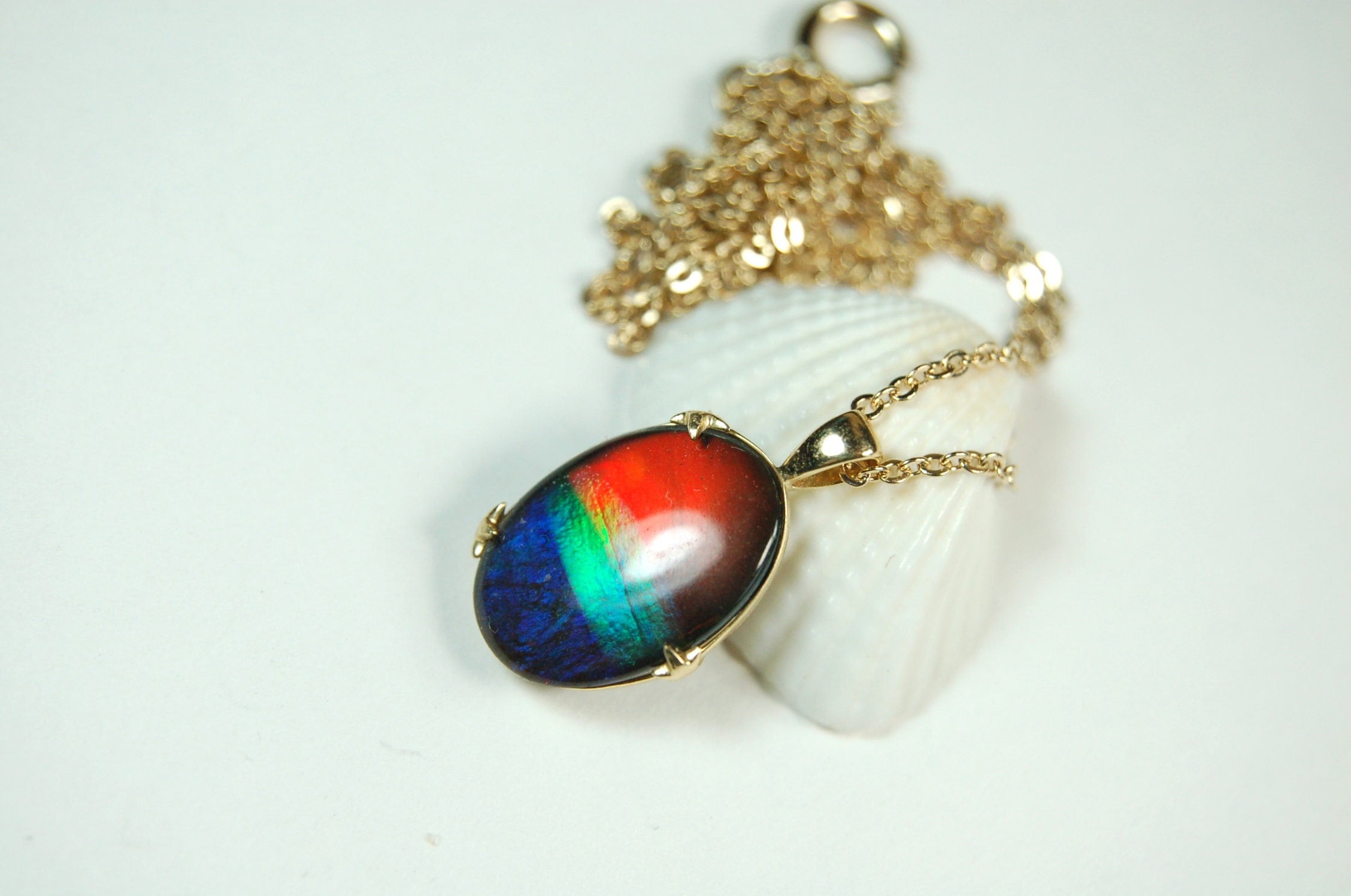 Ammolite Pendant in 14k Gold.Rich rainbow colors.Anniversary gift idea for wife. See details, images and video below.#121311