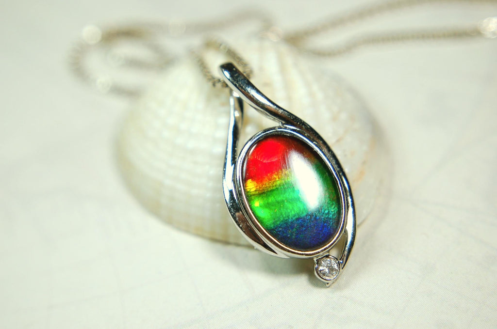 Sterling Silver Ammolite Pendant – Natural Rainbow Fossil Gemstone Necklace – Handmade Jewelry-.052015